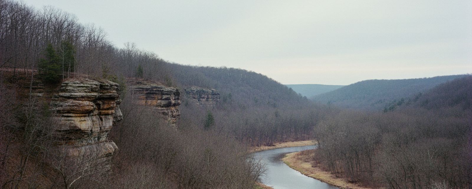 Layered rock ledges stepping along a wooded slope of bare trees with a few dark evergreens, a river winding through the valley below past a pale grassy bank under flat overcast sky.