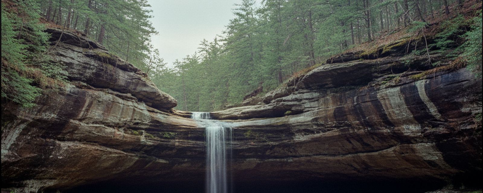 A Black Hand sandstone recess cave in a Hocking Hills gorge, water dropping from the rim into a shallow pool, hemlock on the slope above.
