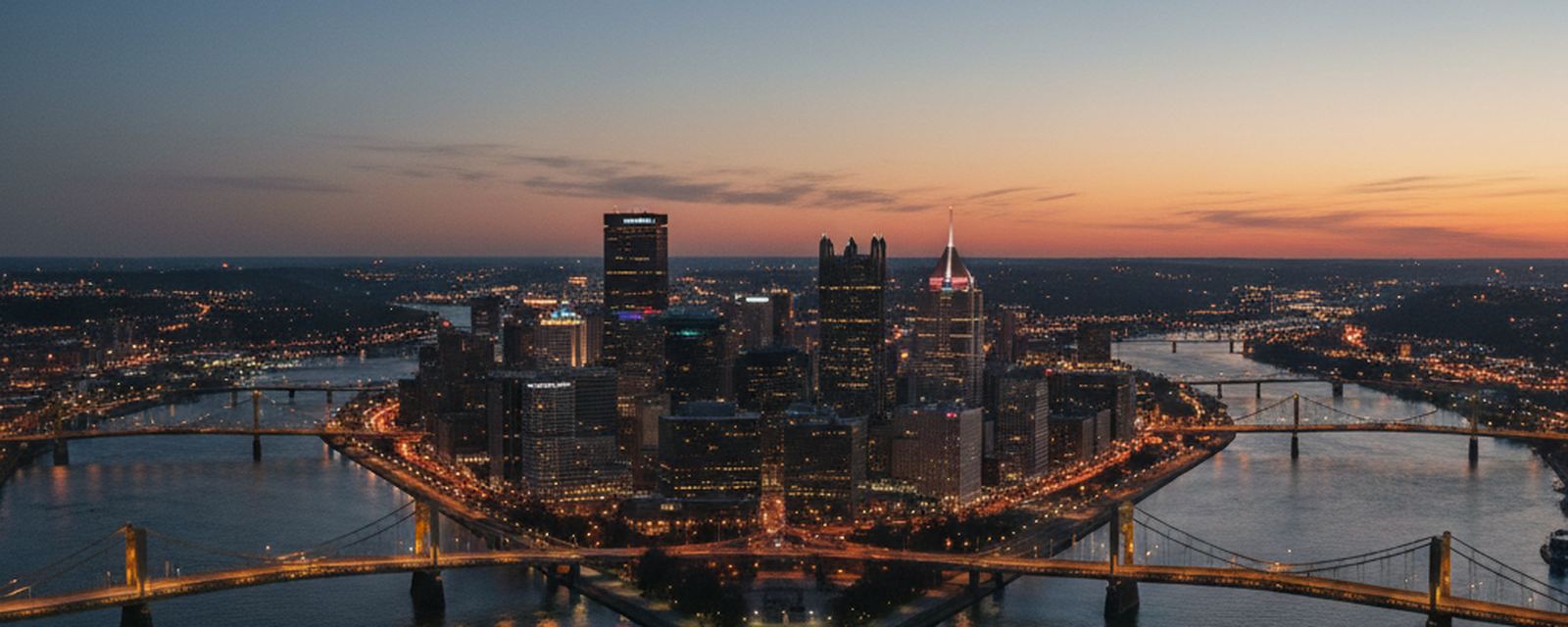 Pittsburgh at dusk from the Mount Washington bluff: two rivers meeting below, yellow bridges over dark water, the downtown wedge lit between them.
