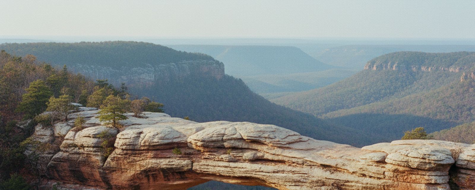Sandstone arch on a wooded ridge in the Red River Gorge, bare rock shelf beneath it, hills folding away into haze