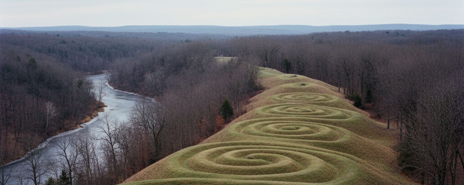 Low grassy coils of a serpent effigy following a wooded ridge above a creek valley in southern Ohio, with the leaves down and the grass short.