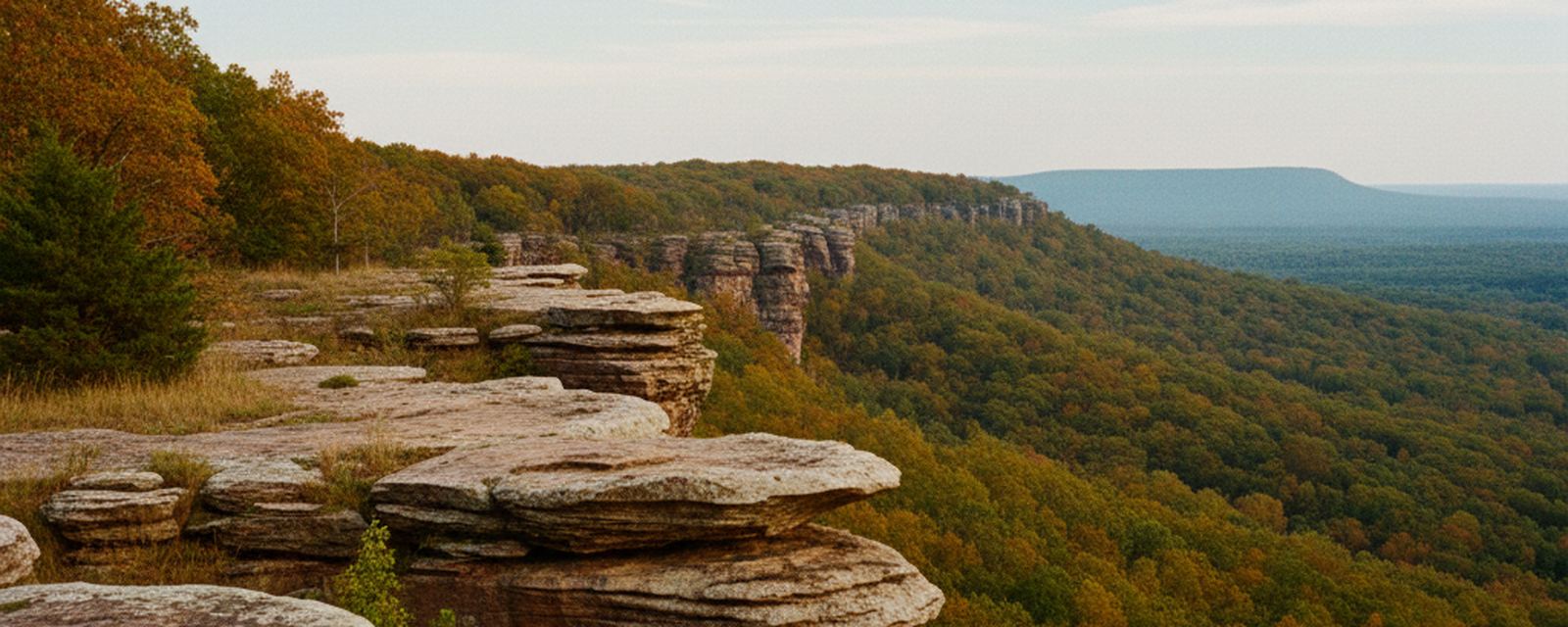 Layered sandstone shelves along the crest of a wooded ridge in southern Illinois, bare rock in front and forest dropping away behind it.