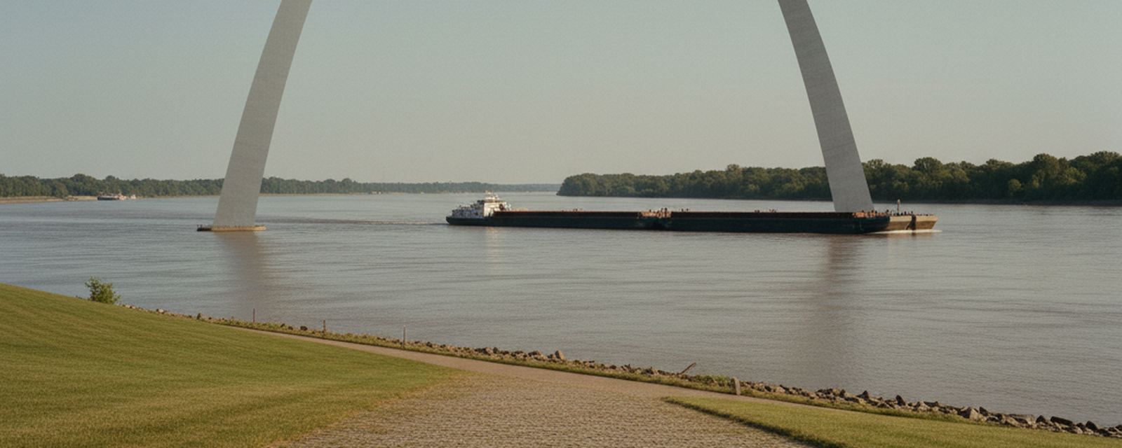 Two legs of a tall pale steel arch reach down to a wide gray river, a towboat pushing a long string of dark barges past wooded banks, a cobbled ramp and loose rock on the mown bank.